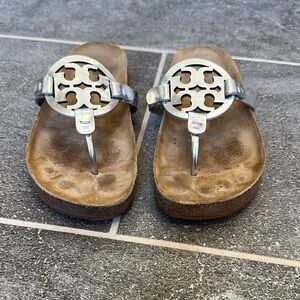 Tory Burch Silver and Brown Sandals with Metallic Emblem